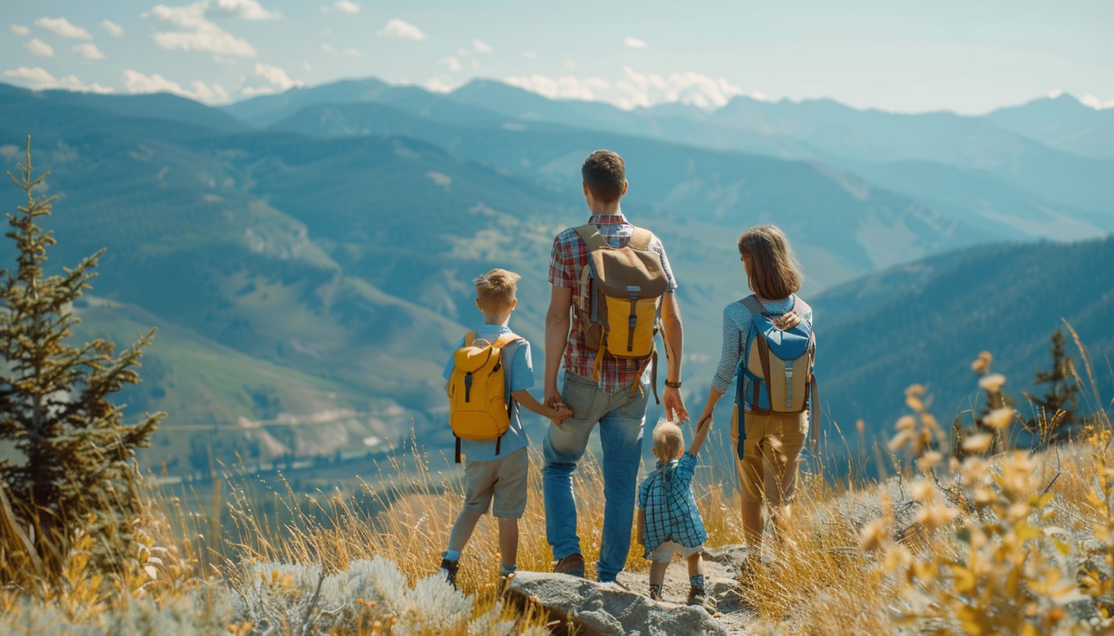 Family with backpacks on a mountain top